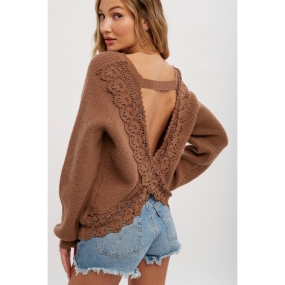 Sweaters - SOLD OUT Mocha Brown Crochet Lace Cross Back Pullover Knit Long Sleeve Sweater